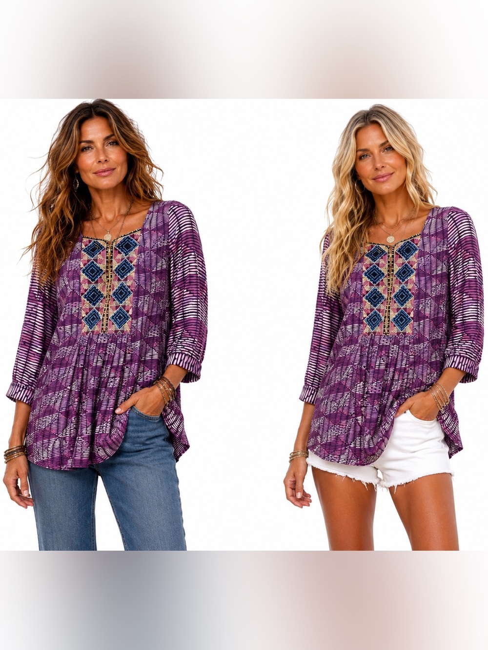 Soft Surroundings Elara Tunic Top Sunset Purple Embroidered Boho Western Aztec
